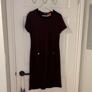 Tory Burch Short-Sleeve Midi Dress in Deep Burgundy with Black Trim